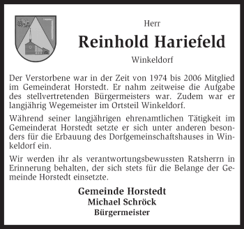 Traueranzeige von Reinhold Hariefeld von KRZ