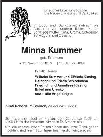 Traueranzeige von Minna Kummer von KREISZEITUNG SYKE