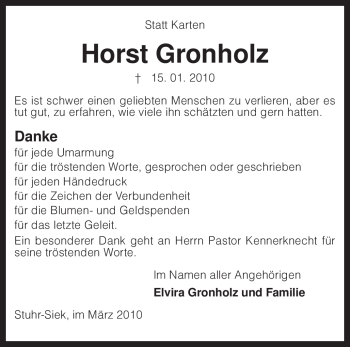 Traueranzeige von Horst Gronholz von KREISZEITUNG SYKE