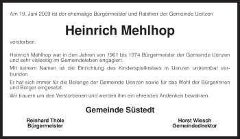 Traueranzeige von Heinrich Mehlhop von KREISZEITUNG SYKE