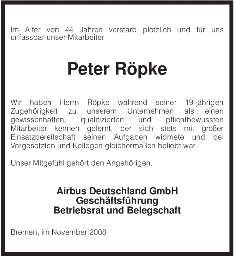  Traueranzeige für Peter Röpke vom 27.11.2008 aus KREISZEITUNG SYKE
