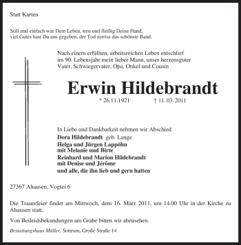 Traueranzeige von Erwin Hildebrandt von KREISZEITUNG SYKE