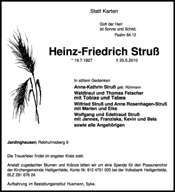 Traueranzeige von Heinz-Friedrich Struß von KREISZEITUNG SYKE