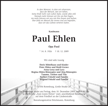 Traueranzeige von Paul Ehlen von KREISZEITUNG SYKE