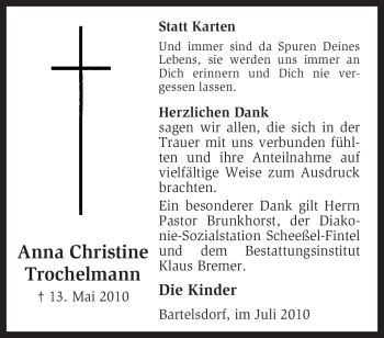 Traueranzeige von Anna Christine Trochelmann von KREISZEITUNG SYKE