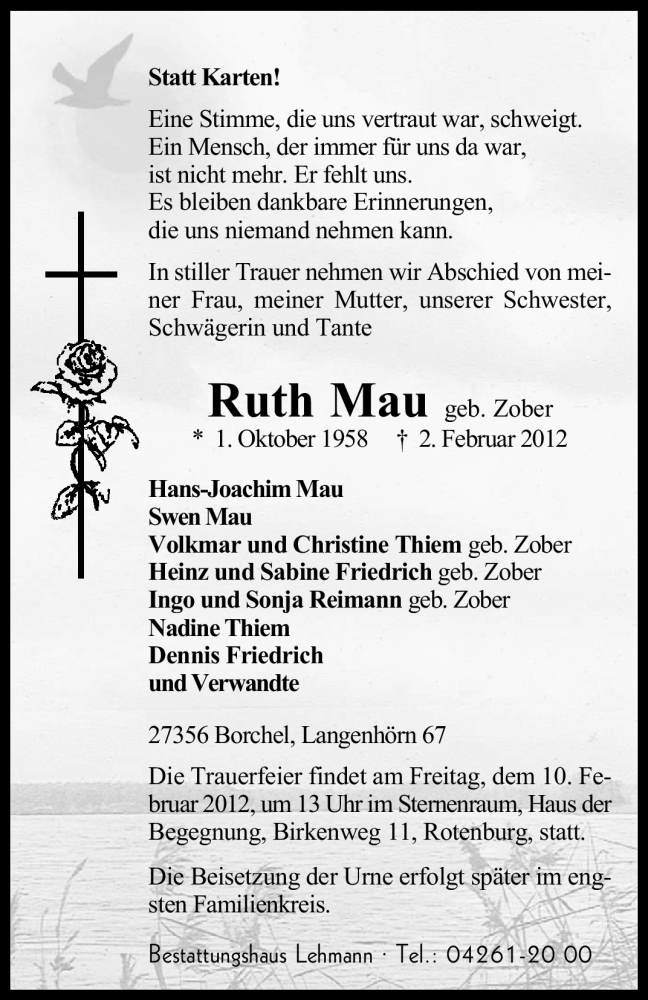  Traueranzeige für Ruth Mau vom 04.02.2012 aus KREISZEITUNG SYKE