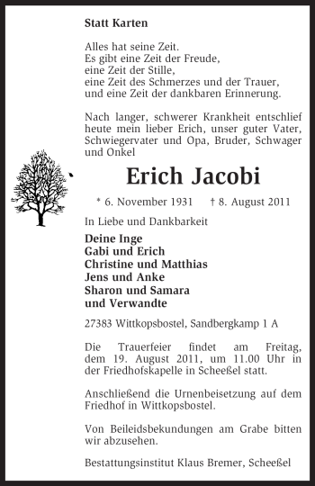 Traueranzeige von Erich Jacobi von KREISZEITUNG SYKE