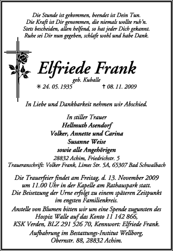 Traueranzeige von Elfriede Frank von KREISZEITUNG SYKE