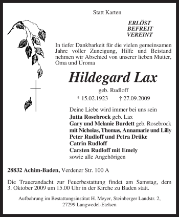 Traueranzeige von Hildegard Lax von KREISZEITUNG SYKE