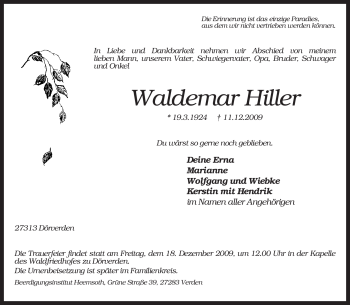 Traueranzeige von Waldemar Hiller von KREISZEITUNG SYKE