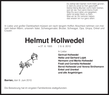 Traueranzeige von Helmut Hollwedel von KREISZEITUNG SYKE