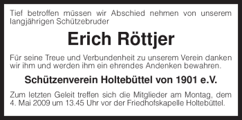 Traueranzeige von Erich Röttjer von KREISZEITUNG SYKE