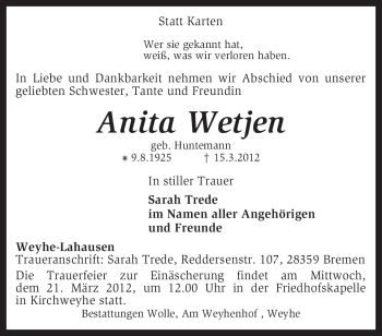 Traueranzeige von Anita Wetjen von KREISZEITUNG SYKE