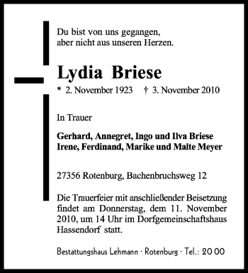 Traueranzeige von Lydia Briese von KREISZEITUNG SYKE