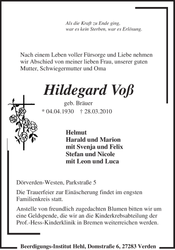 Traueranzeige von Hildegard Voß von KREISZEITUNG SYKE