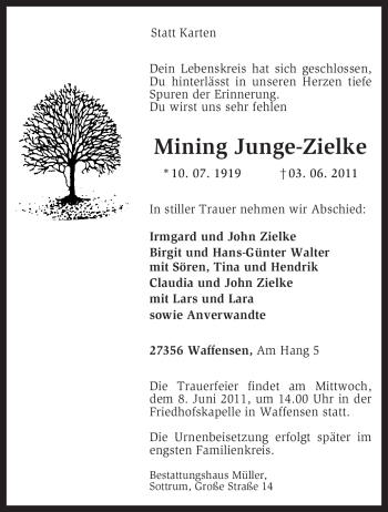 Traueranzeige von Mining Junge-Zielke von KREISZEITUNG SYKE