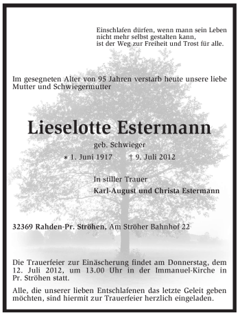 Traueranzeige von Lieselotte Estermann von KREISZEITUNG SYKE