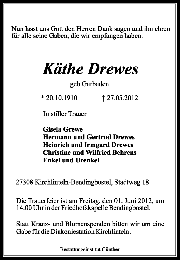  Traueranzeige für Käthe Drewes vom 30.05.2012 aus KREISZEITUNG SYKE