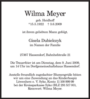 Traueranzeige von Wilma Meyer von KREISZEITUNG SYKE