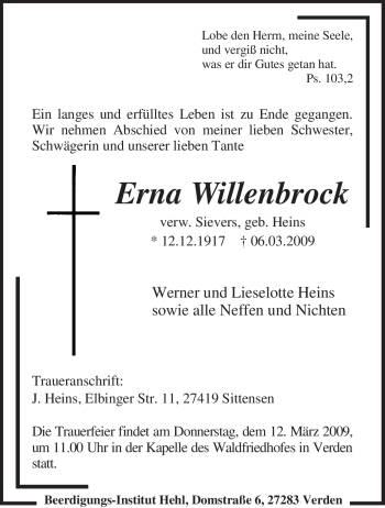 Traueranzeige von Erna Willenbrock von KREISZEITUNG SYKE