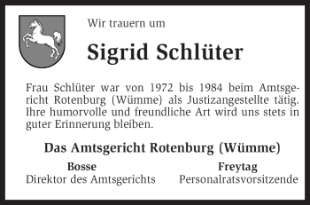 Traueranzeige von Sigrid Schlüter von KREISZEITUNG SYKE