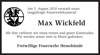 Traueranzeige von Max Wickfeld von KREISZEITUNG SYKE