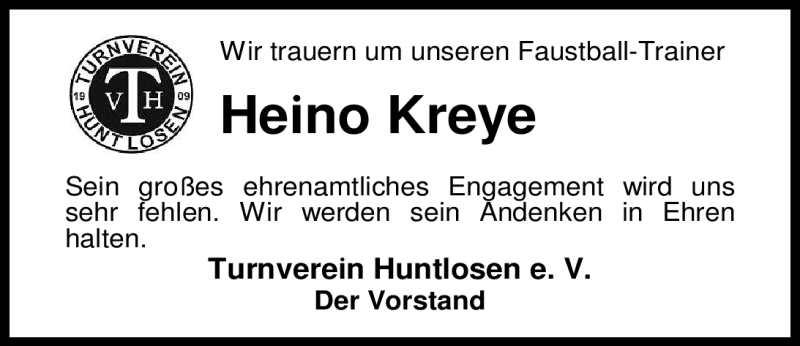  Traueranzeige für Heino Kreye vom 25.11.2009 aus KREISZEITUNG SYKE