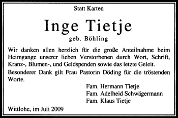 Traueranzeige von Inge Tietje von KREISZEITUNG SYKE