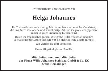 Traueranzeige von Helga Johannes von KREISZEITUNG SYKE