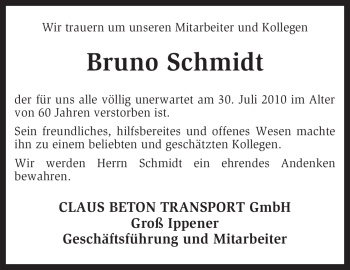 Traueranzeige von Bruno Schmidt von KREISZEITUNG SYKE