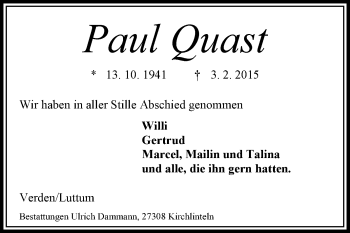 Traueranzeige von Paul Quast von KRZ