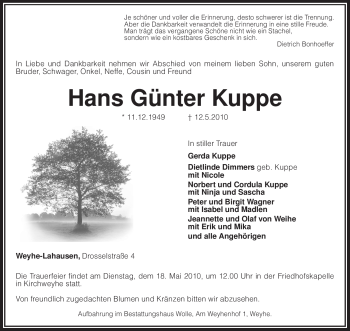 Traueranzeige von Hans Günter Kuppe von KREISZEITUNG SYKE