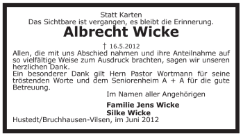 Traueranzeige von Albrecht Wicke von KREISZEITUNG SYKE