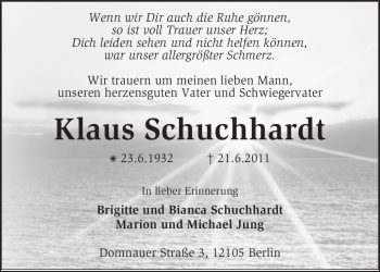 Traueranzeige von Klaus Schuchhardt von KREISZEITUNG SYKE