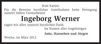 Traueranzeige von Ingeborg Werner von KREISZEITUNG SYKE