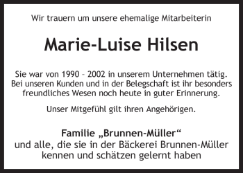 Traueranzeige von Marie-Luise Hilsen von KREISZEITUNG SYKE