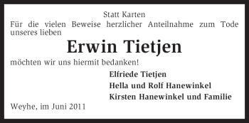 Traueranzeige von Erwin Tietjen von KREISZEITUNG SYKE