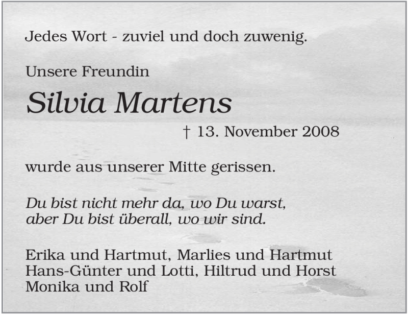  Traueranzeige für Silvia Martens vom 18.11.2008 aus KREISZEITUNG SYKE
