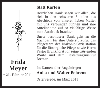 Traueranzeige von Frida Meyer von KREISZEITUNG SYKE