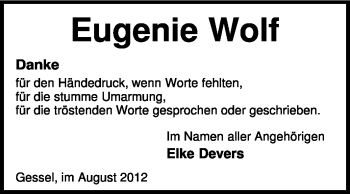 Traueranzeige von Eugenie Wolf von KREISZEITUNG SYKE