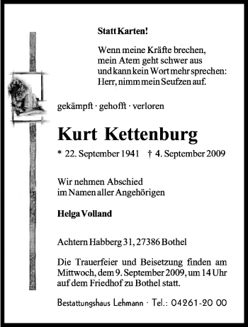 Traueranzeige von Kurt Kettenburg von KREISZEITUNG SYKE