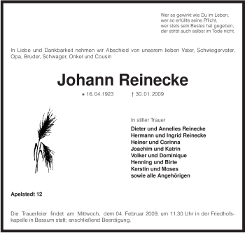 Traueranzeige von Johann Reinecke von KREISZEITUNG SYKE