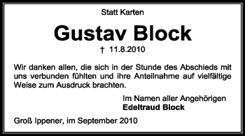 Traueranzeige von Gustav Block von KREISZEITUNG SYKE