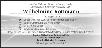 Traueranzeige von Wilhelmine Rottmann von KREISZEITUNG SYKE