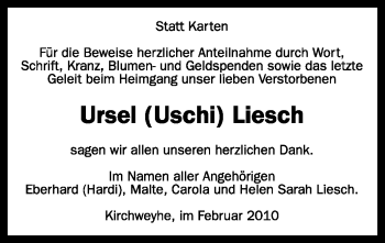 Traueranzeige von Ursel Liesch von KREISZEITUNG SYKE