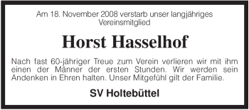 Traueranzeige von Horst Hasselhof von KREISZEITUNG SYKE