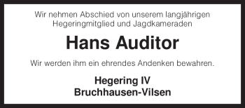 Traueranzeige von Hans Auditor von KREISZEITUNG SYKE