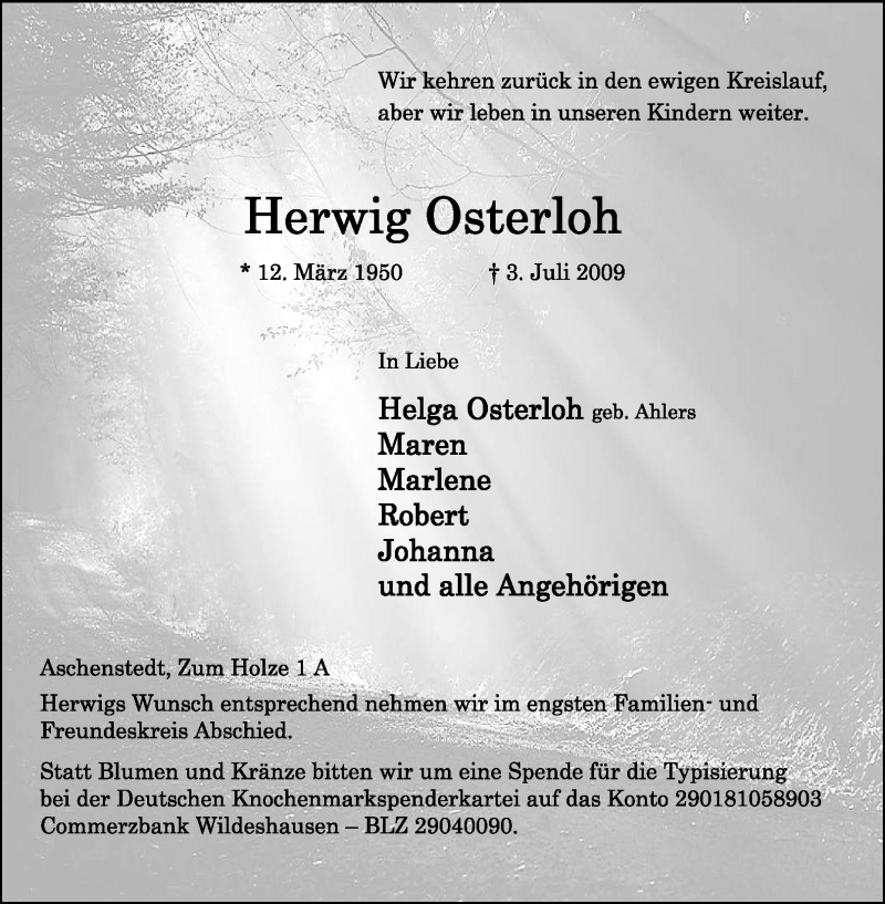  Traueranzeige für Herwig Osterloh vom 06.07.2009 aus KREISZEITUNG SYKE