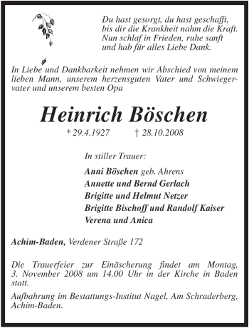 Traueranzeige von Heinrich Böschen von KREISZEITUNG SYKE