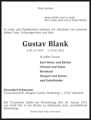 Traueranzeige von Gustav Blank von KREISZEITUNG SYKE